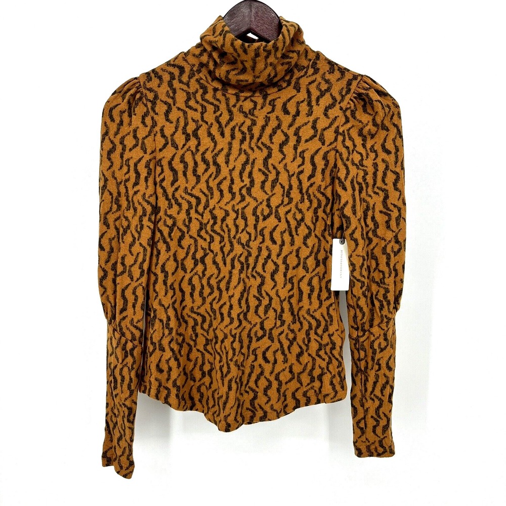 Anthropologie PUFF-SLEEVED TURTLENECK TOP Animal Leopard Print Size XXS $80 NWT